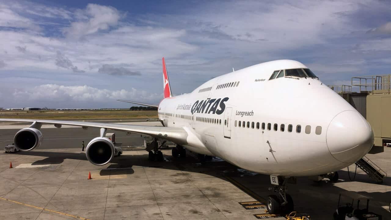 A Qantas 747 aircraft on the tarmac at Sydney Airport