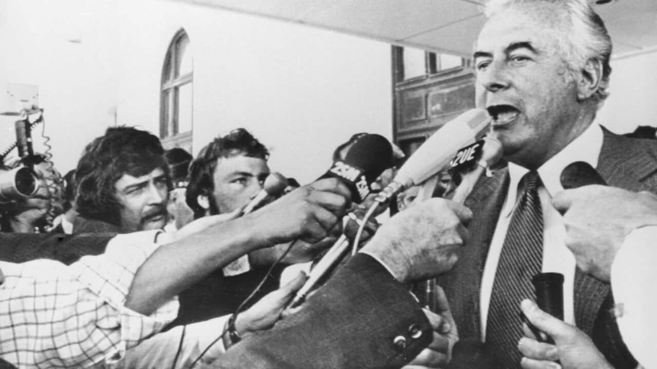 During Australia's constitutional crisis of 1975, Prime Minister Gough Whitlam addresses reporters outside the Parliament building.