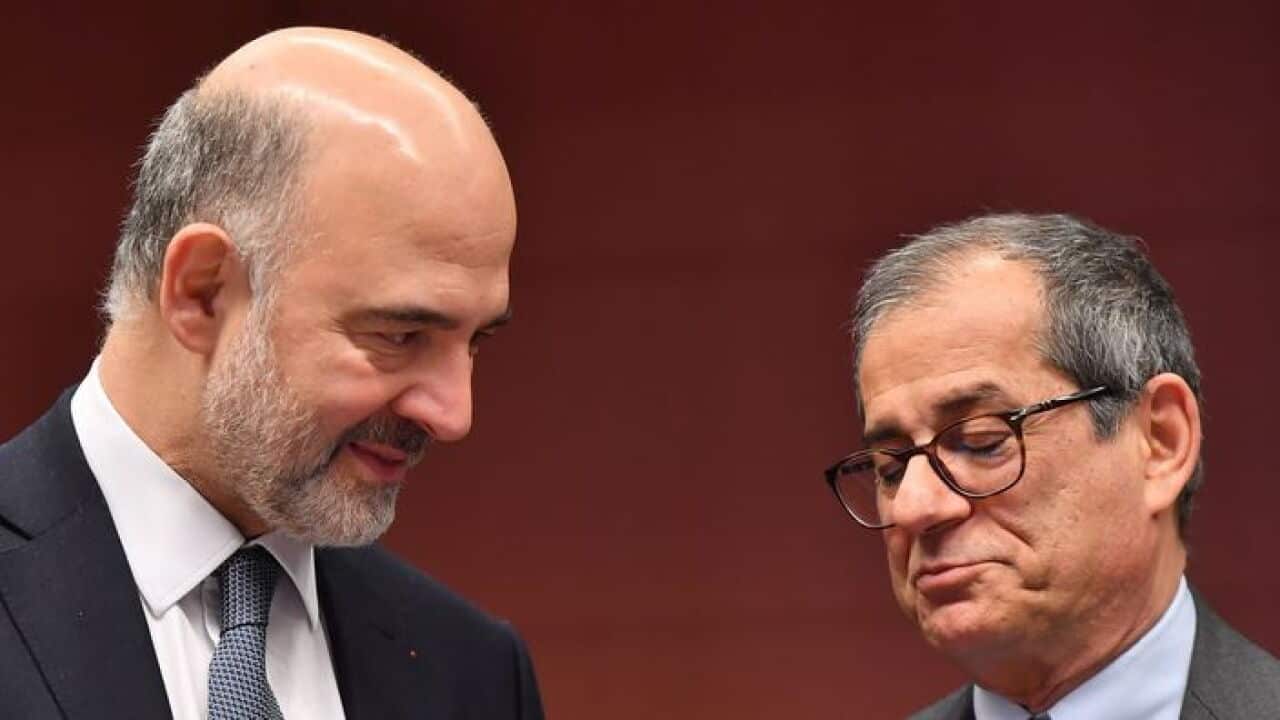 European Commissioner for Economic and Financial Affairs, Taxation and Customs Pierre Moscovici (L) and Italy's Finance Minister Giovanni Tria (R)