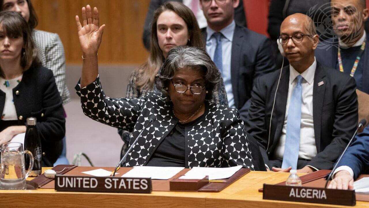 Linda Thomas-Greenfield, Permanent Representative of the United States to the United Nations, vetoes the resolution at the UN headquarters on February 20, 2024 in New York City, NY, USA