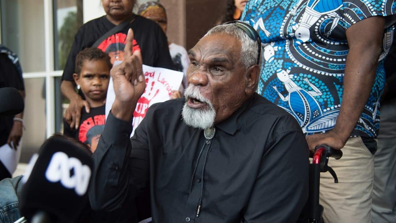 Warlpiri Elder from Yuendumu Ned Jampijinpa Hargraves speaks to the media outside the Northern Territory Supreme Court in Darwin,