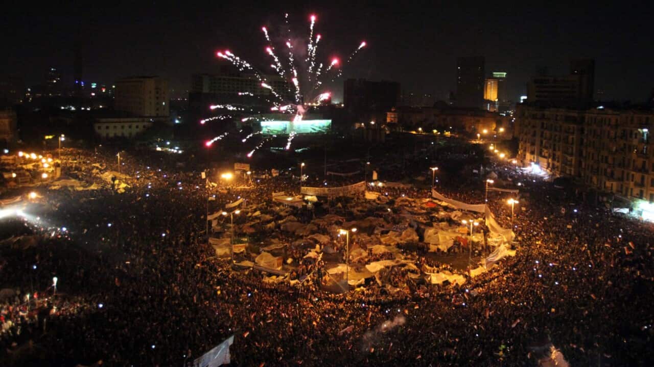 Firework lighting over Tahrir square.