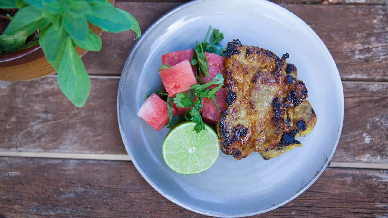 turmeric pork with watermelon salad