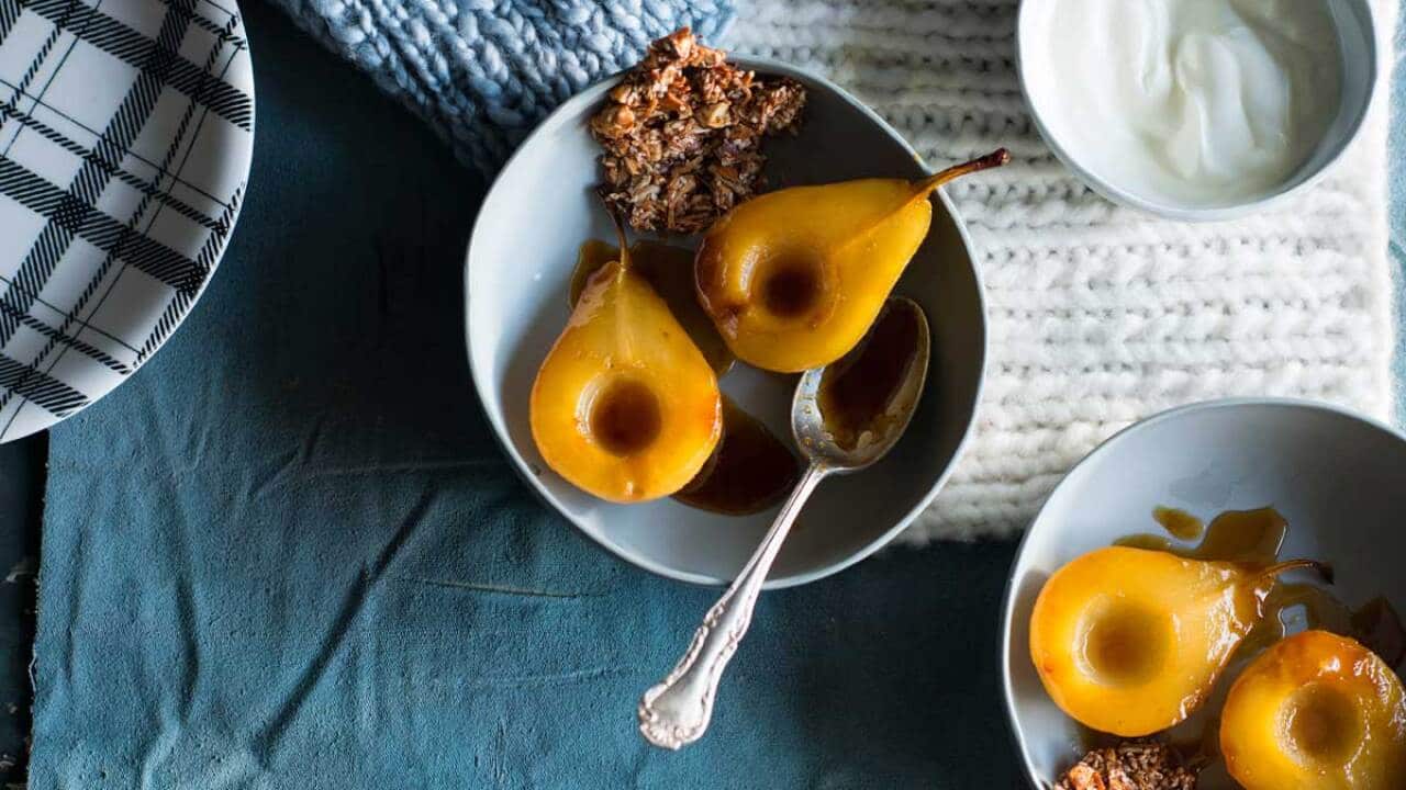 Caramelised honey-roasted pears with almond seed bark