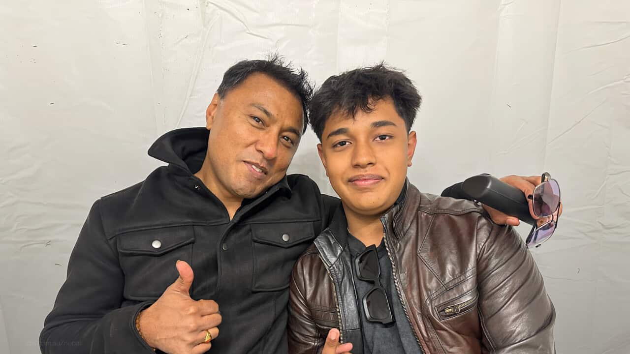 Deepak Bajracharya (L) with his son Deon Bajracharya (R) at Momo Festival Melbourne in Footscray Park on Saturday, 11 April 2026.