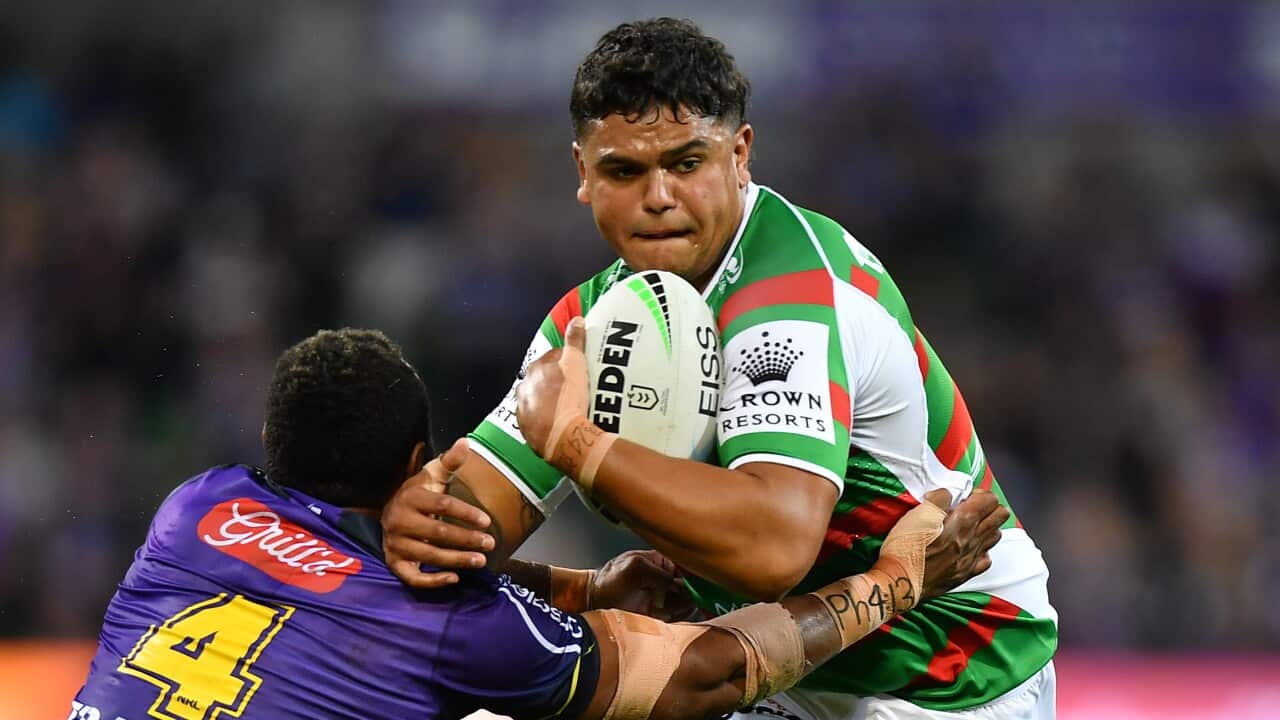 Latrell Mitchell of the Rabbitohs during the Round 2 NRL match between the Melbourne Storm and South Sydney Rabbitohs at AAMI Park in Melbourne, Thursday, March 17, 2022. (AAP Image/Joel Carrett) NO ARCHIVING, EDITORIAL USE ONLY