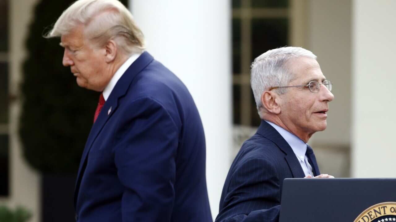 Dr Anthony Fauci and President Donald Trump during a coronavirus task force briefing in the Rose Garden of the White House, Sunday, 29 March, 2020.