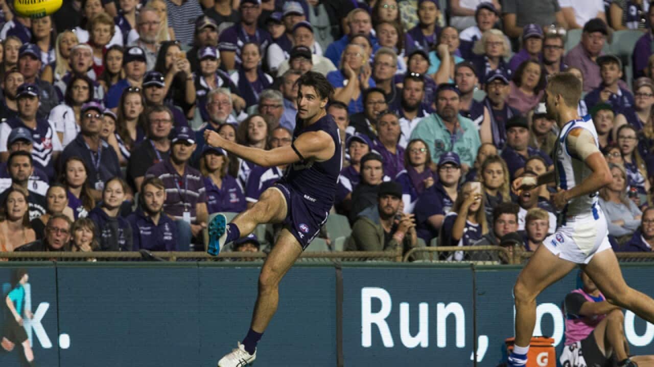 Shane Kersten of the Dockers kicks at goal during the Round 5 AFL