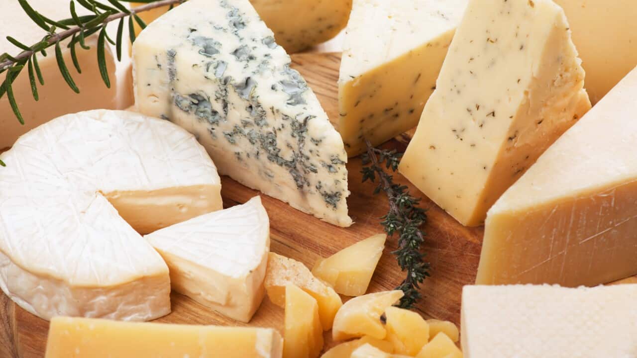 Assorted cheese on wooden platter