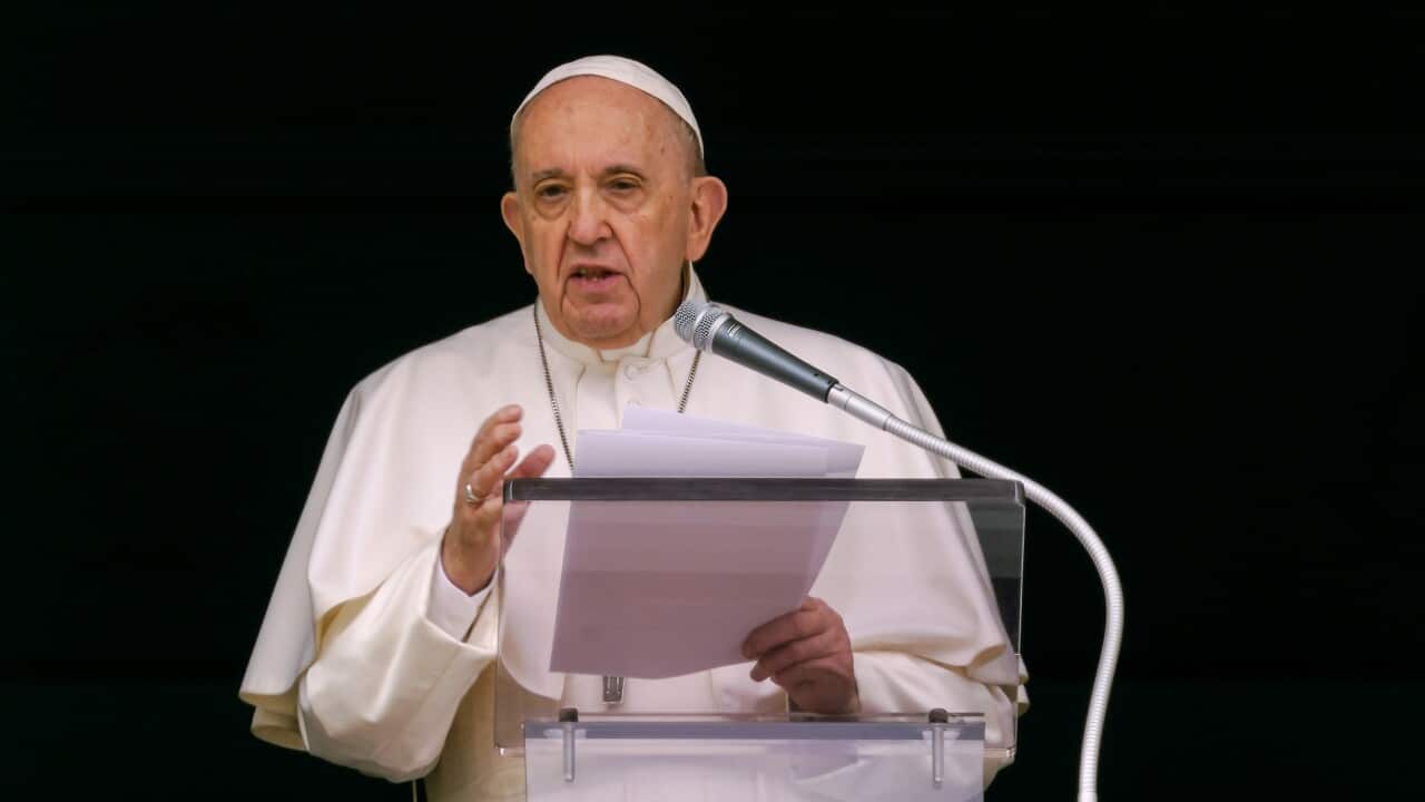 Pope Francis speaks from the window of his studio overlooking St Peter's Square at The Vatican on Sunday, 6 June, 2021.