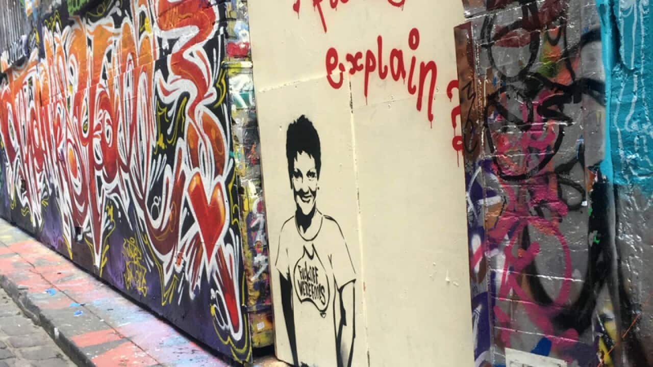 A piece of stencil art depicting Pauline Hanson in Hosier Lane