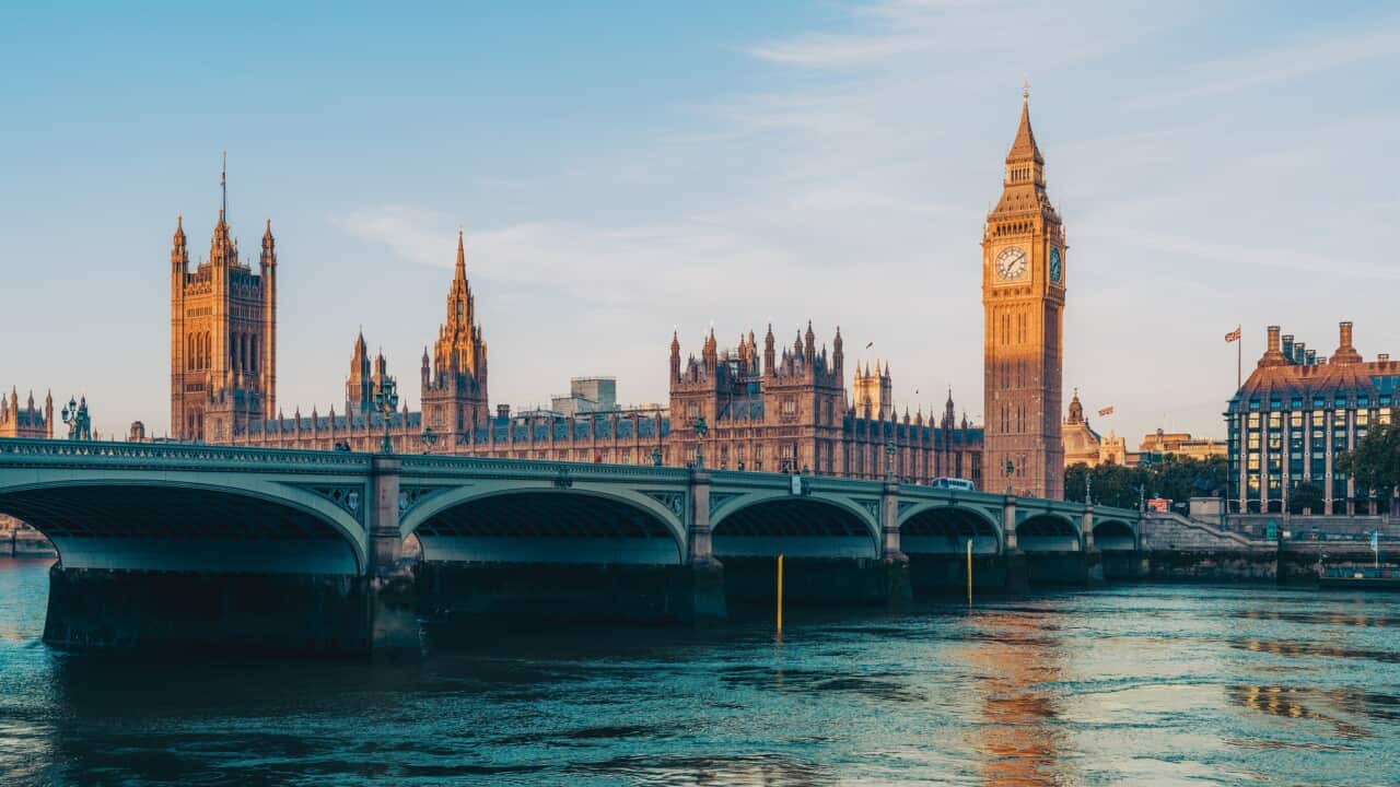Big Ben and Westminster Bridge in London at sunrise