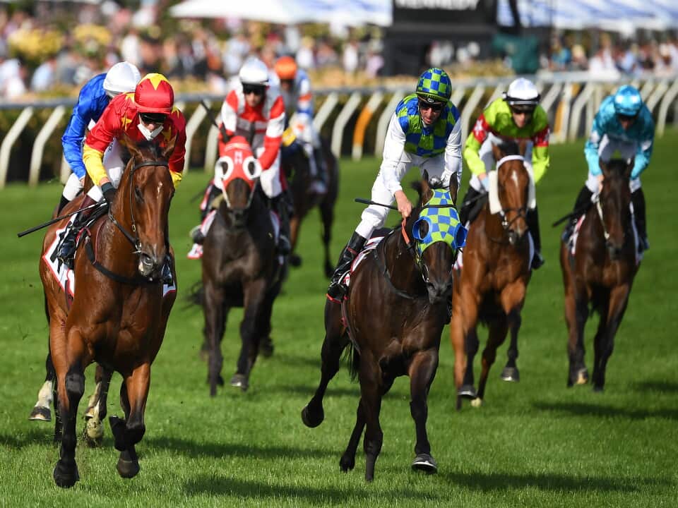 Jockey Kerrin McEvoy (left) rides Quantico to victory in race 10, MSS Security Sprint during Melbourne Cup Day, at Flemington Racecourse, Melbourne, Tuesday, November 2, 2021. (AAP Image/James Ross) NO ARCHIVING