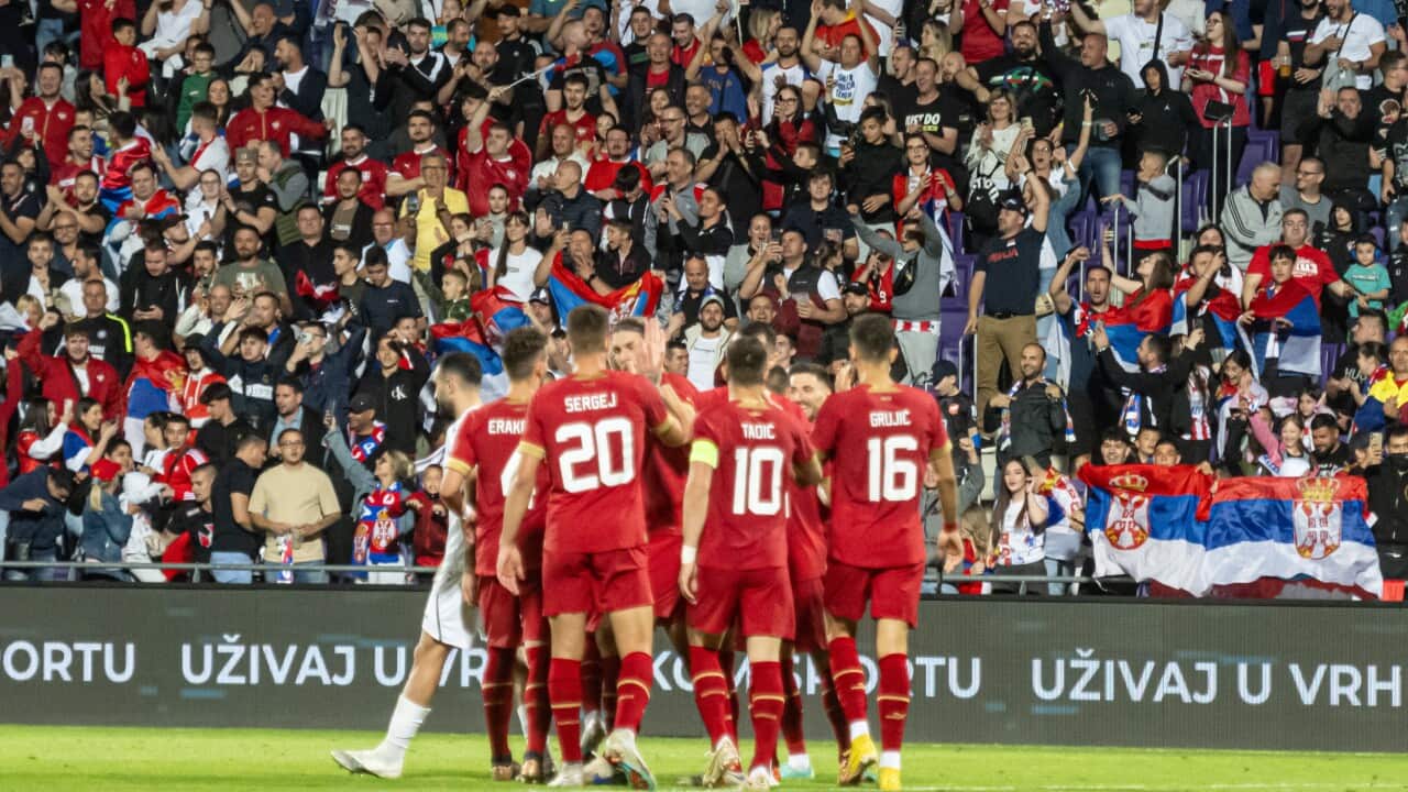 Serbia's national football team celebrates Dejan Joveljic's goal against Jordan in Vienna