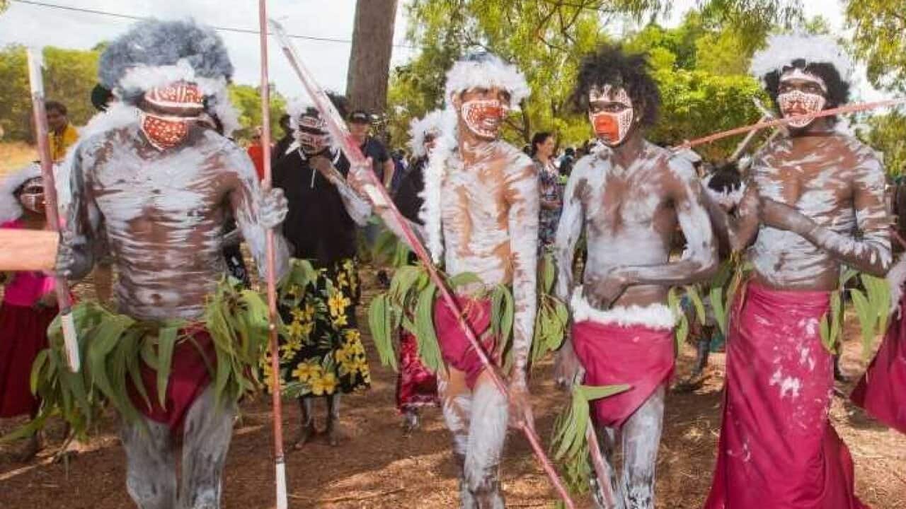 Rirratjingu traditional dancers at welcome Bungal for the 2nd Aboriginal Family Violence Policing Conference, Yirrkala. 21/06/18.