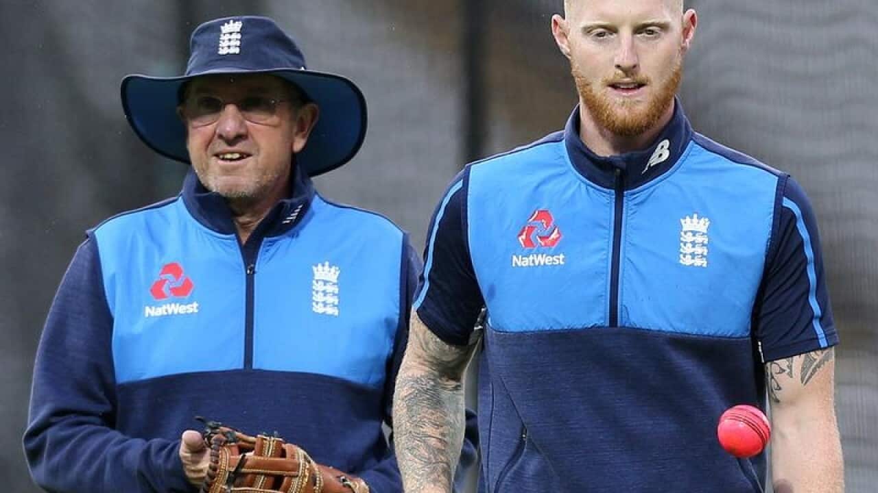 England's coach Trevor Bayliss and Ben Stokes during training.