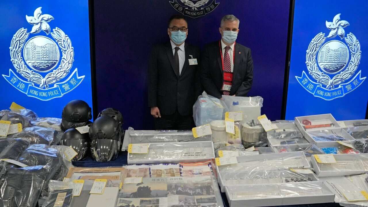 Confiscated evidence pictured during a press conference on the arrests made over the alleged plot to plant bombs around Hong Kong.