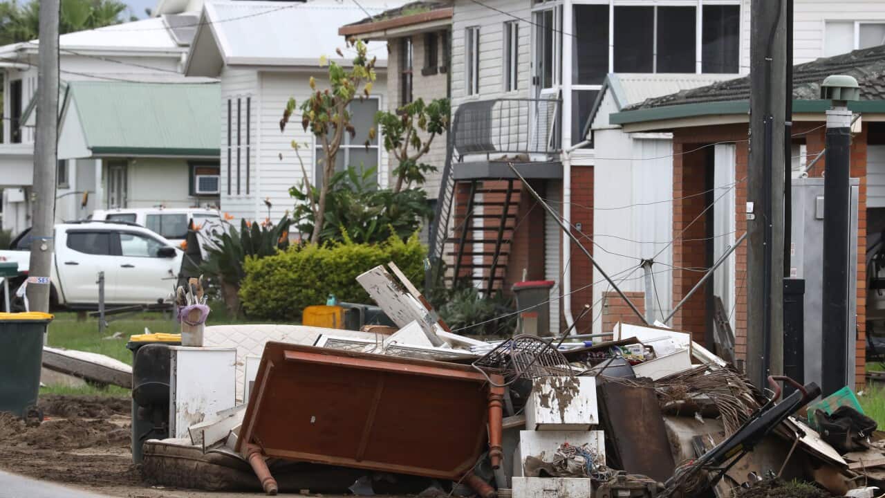 Rubbish from homes and debris from recent flooding at Tweed Valley in Murwillumbah, 848 km north-east of Sydney, Friday, March 11, 2022. (AAP Image/Jason O'Brien) NO ARCHIVING