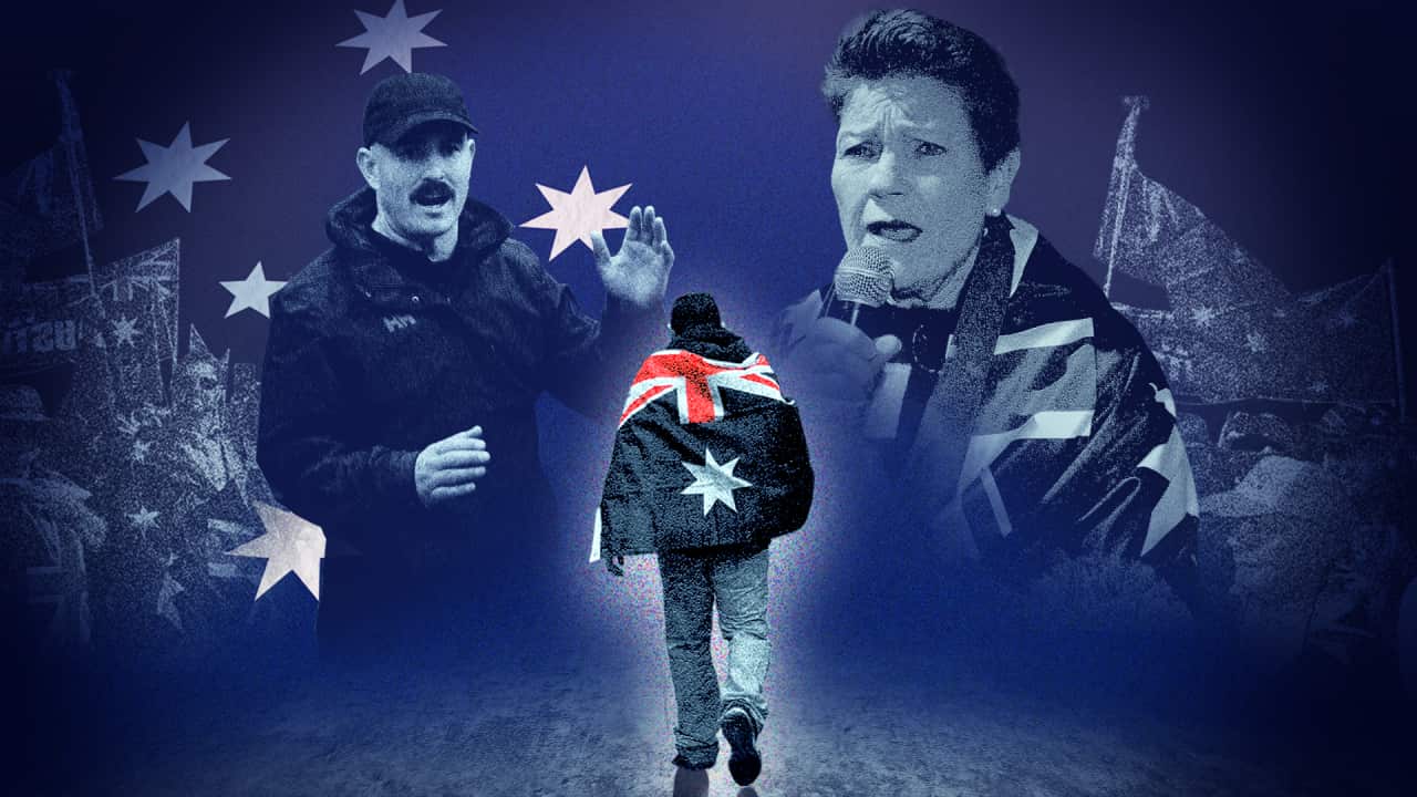 A composite image of a man wearing a cap and a woman, with a person walking with an Australian flag draped around their shoulders in the centre.