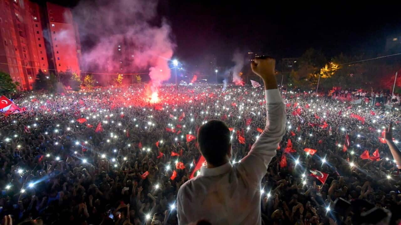 Newly elected Istanbul Mayor Ekrem Imamoglu of Republican People's Party (CHP) greets his supporters.