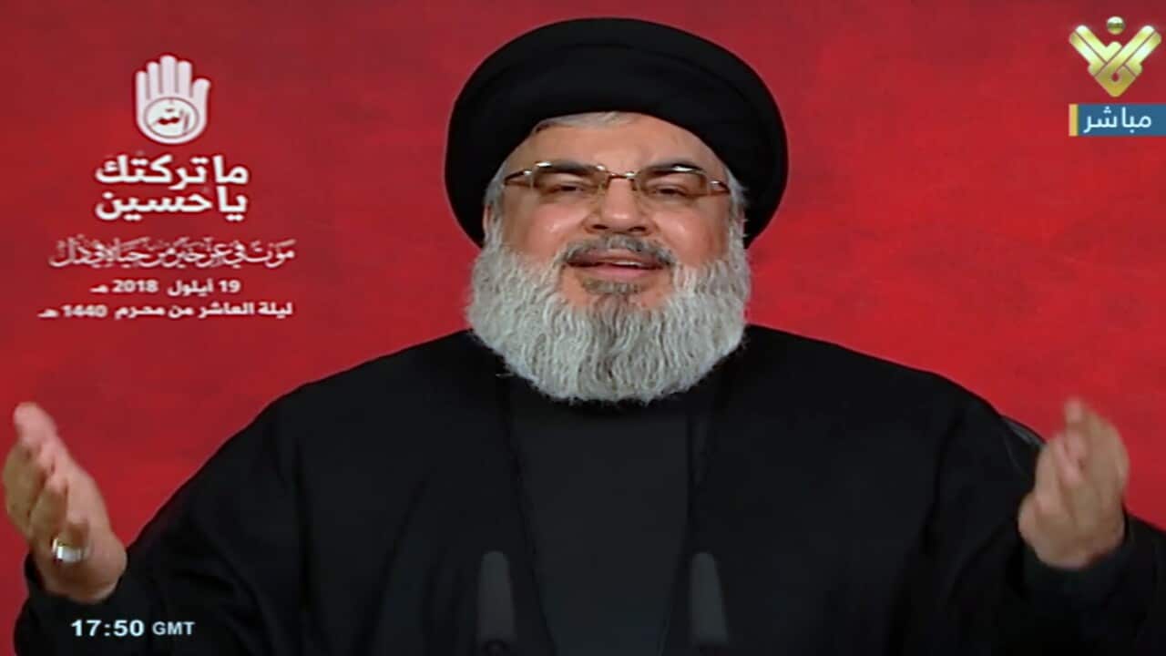 A tv grab handout photo from Hezbollah's al-Manar TV shows Hezbollah leader Sayed Hassan Nasrallah giving a televised address during the tenth night of the month of Muharram (Ashura) in Southern suburb of Beirut, Lebanon, 19 September 2018. Na