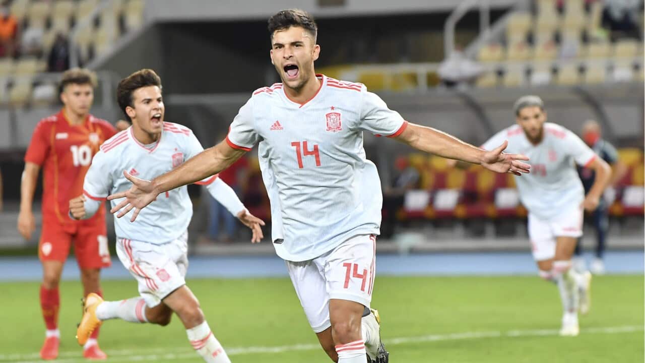 Hugo Duro celebrates a goal during European U21 Football Championship Qualifiers between North Macedonia and Spain (AAP)