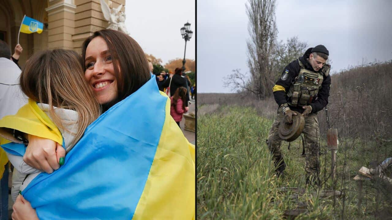 A composite image shows Ukrainians who fled Kherson for Odesa celebrate the retreat of Russian troops in Kherson. On the right-hand side, another image shows a Ukrainian serviceman sweeping for landmines in a field close to Snihurivka City in Mykolaiv Oblast, Ukraine.