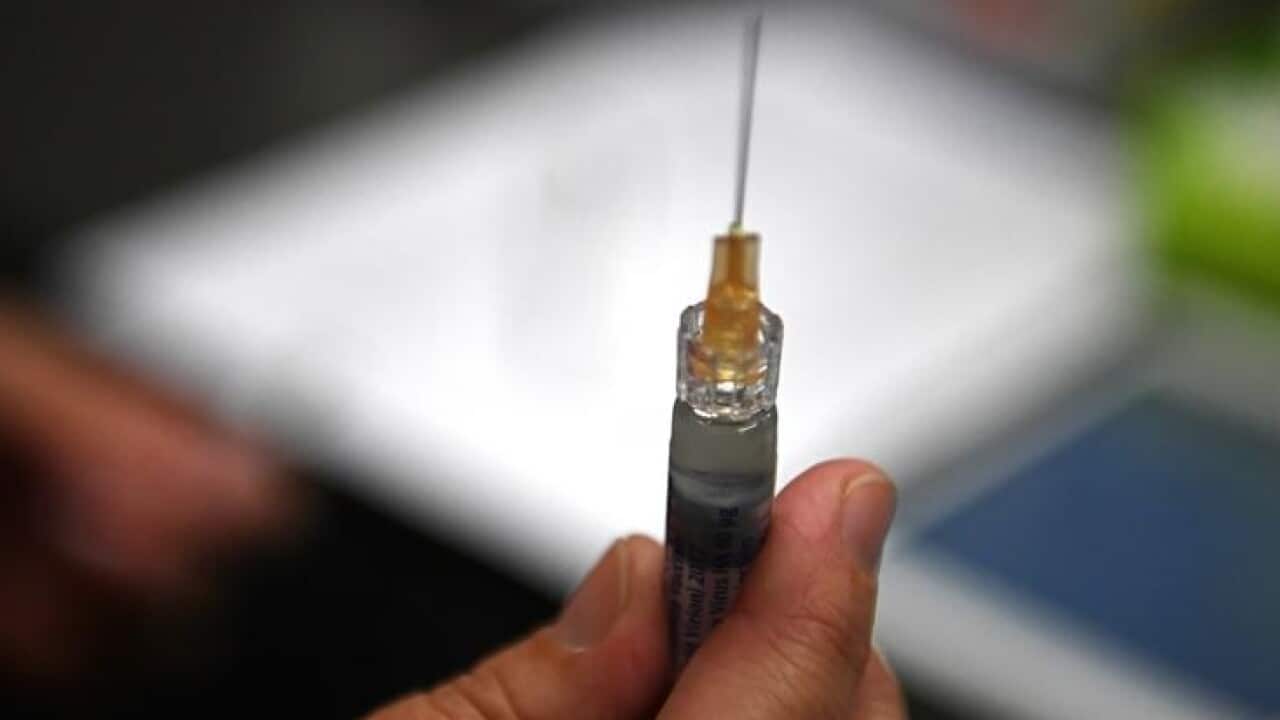 Close up of hand holding a syringe