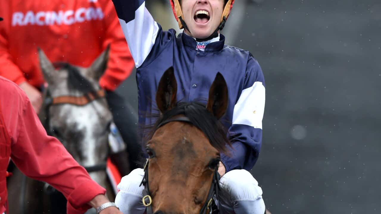 Jockey Kerrin McEvoy celebrates on Almandine