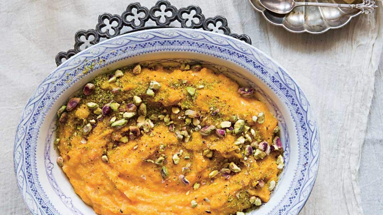 Shakarkandi ki kheer or sweet potato pudding with rice flour and spices