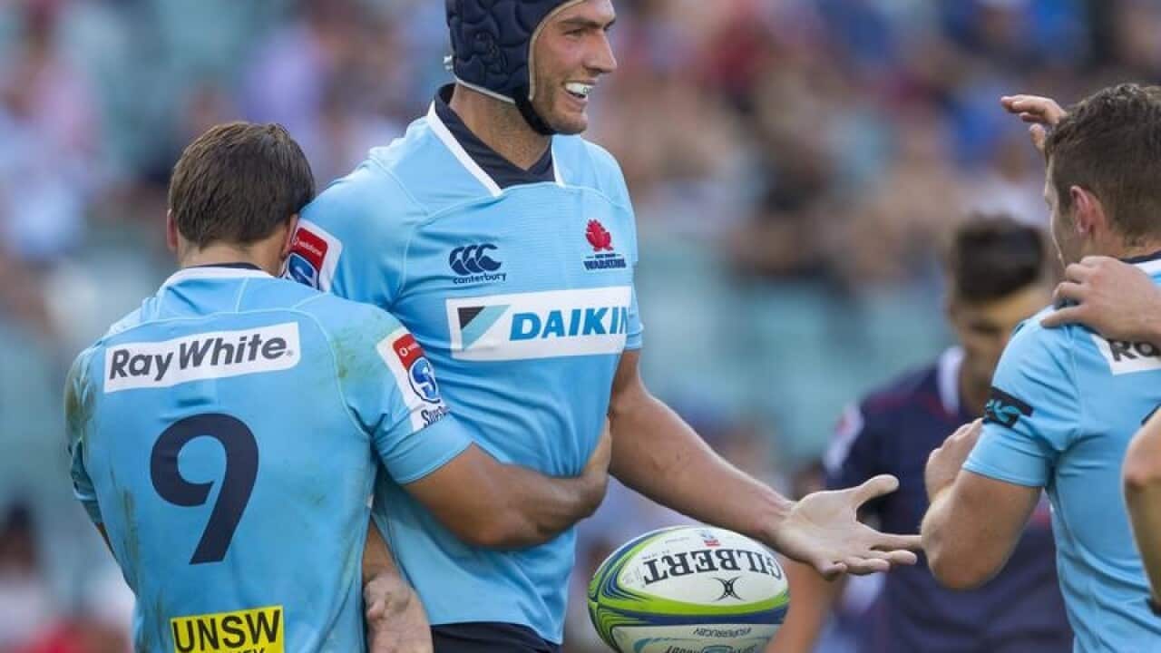 Rob Simmons of the Waratahs celebrates.