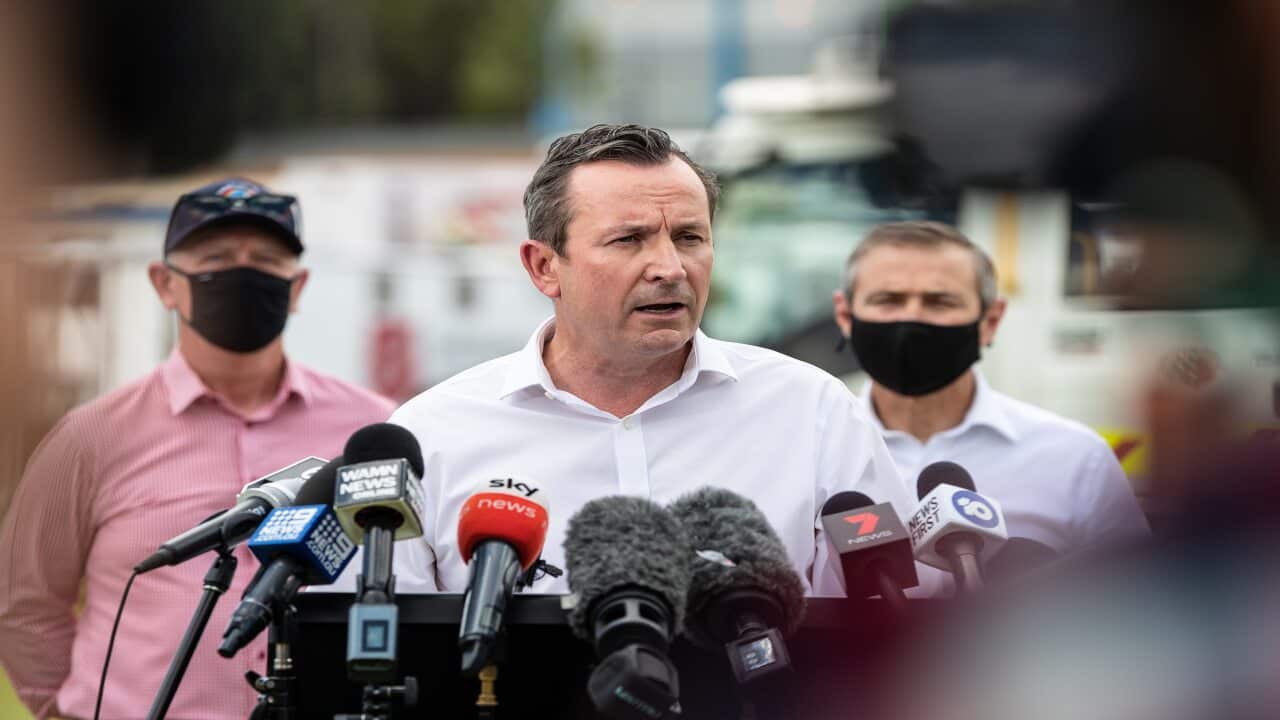 Premier of Western Australia Mark McGowan speaks at the Incident Control Centre at the Mundaring Arena, Perth, on 3 February, 2021.