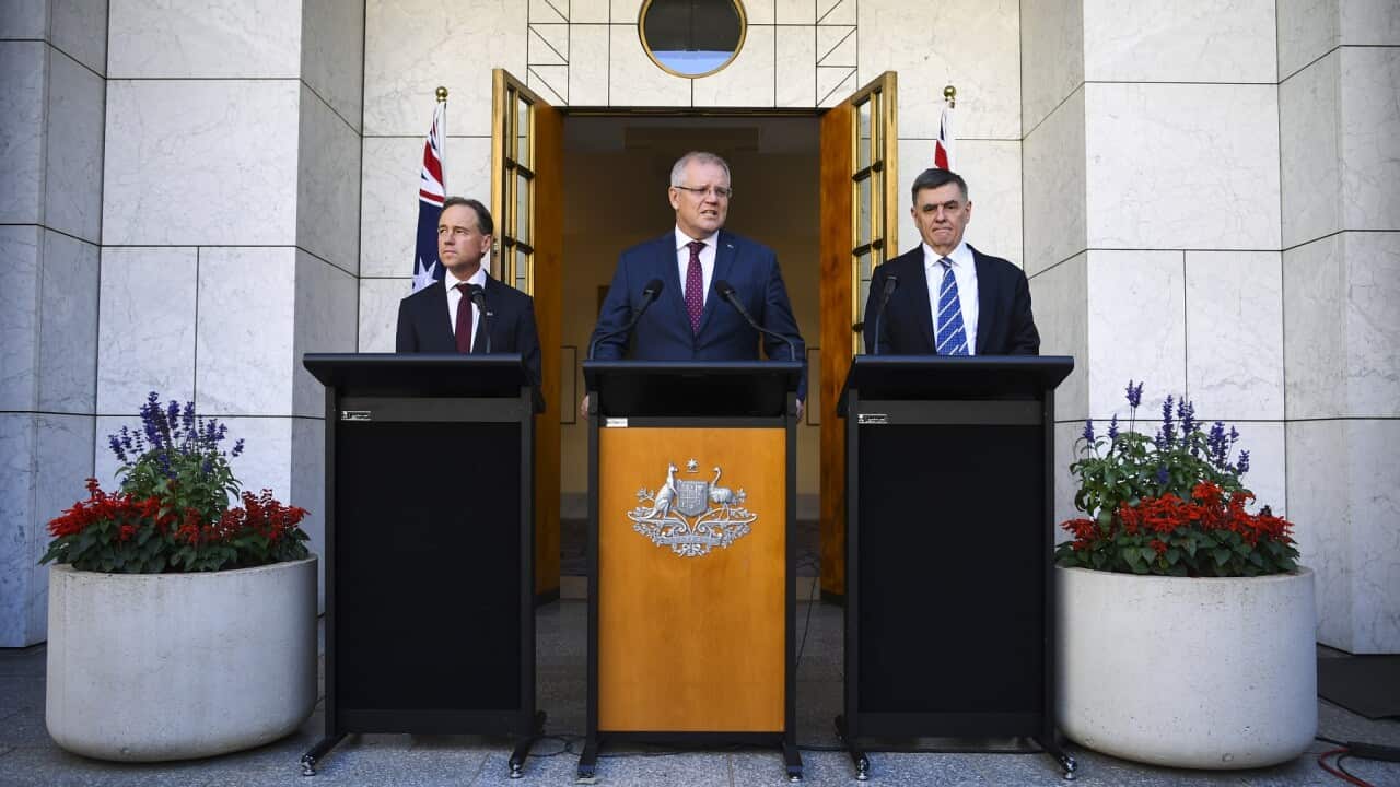 Australian Health Minister Greg Hunt, Australian Prime Minister Scott Morrison and Australia's Chief Medical Officer Professor Brendan Murphy