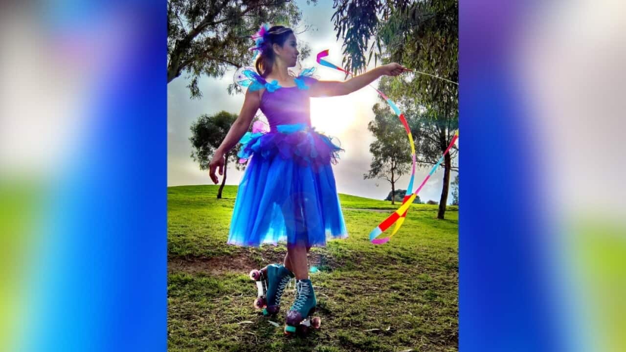 Belinda Hadiwidjaja wearing a princess costume during one of her roller skating performances.