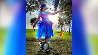 Belinda Hadiwidjaja wearing a princess costume during one of her roller skating performances.