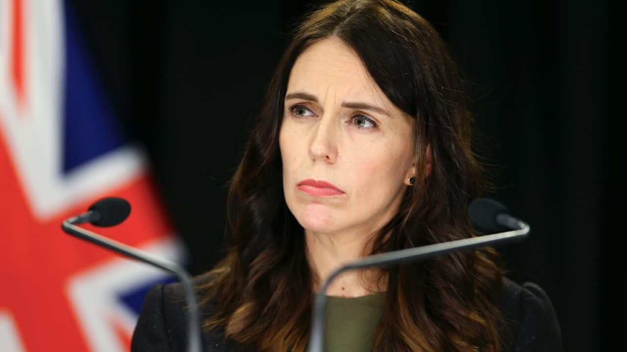 Prime Minister Jacinda Ardern talks to reporters.