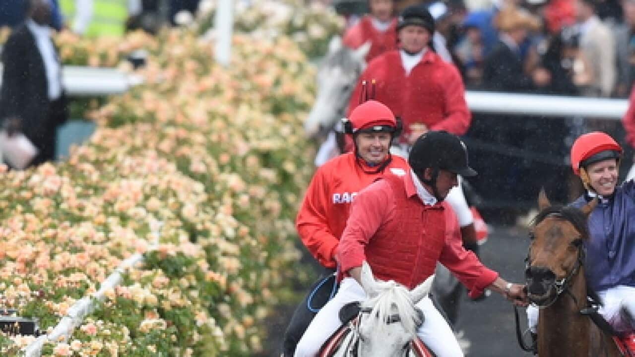 Jockey Kerrin McEvoy celebrates on Almandin returning to scale after winning the Melbourne Cup at Flemington Racecourse in Melbourne, on Tuesday, Nov. 1, 2016. (AAP Image/Dan Himbrechts) NO ARCHIVING, EDITORIAL USE ONLY