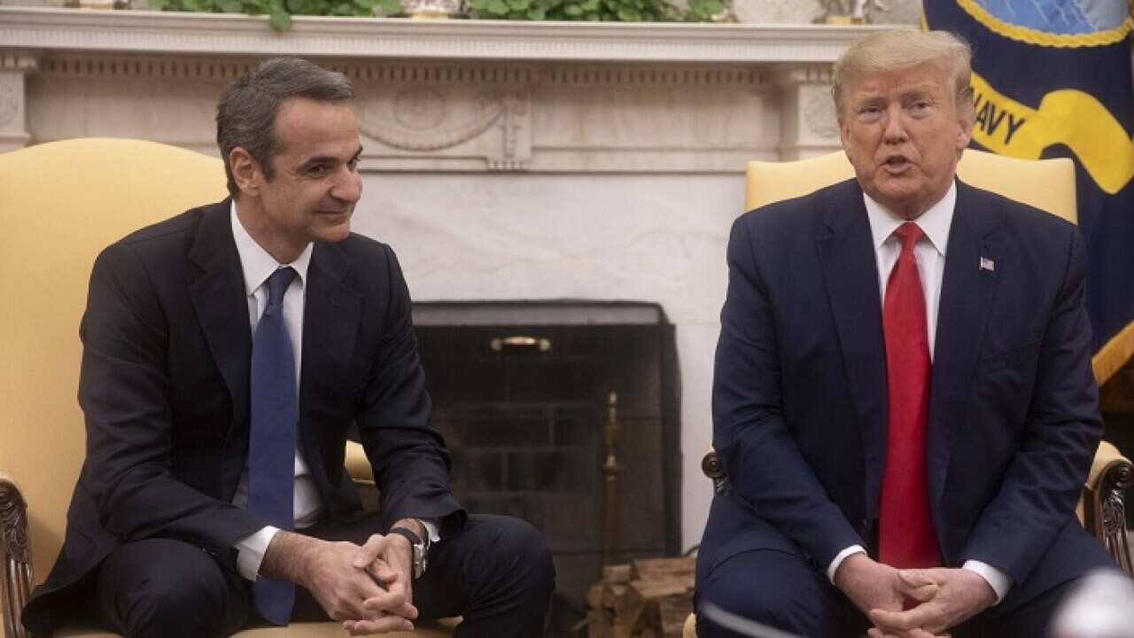 Prime Minster of Greece Kyriakos Mitsotakis and President Donald Trump in the Oval Office at the White House in Washington, D.C. on Tuesday, January 7, 2020. Photo by Tasos Katopodis/Pool/ABACAPRESS.COM.