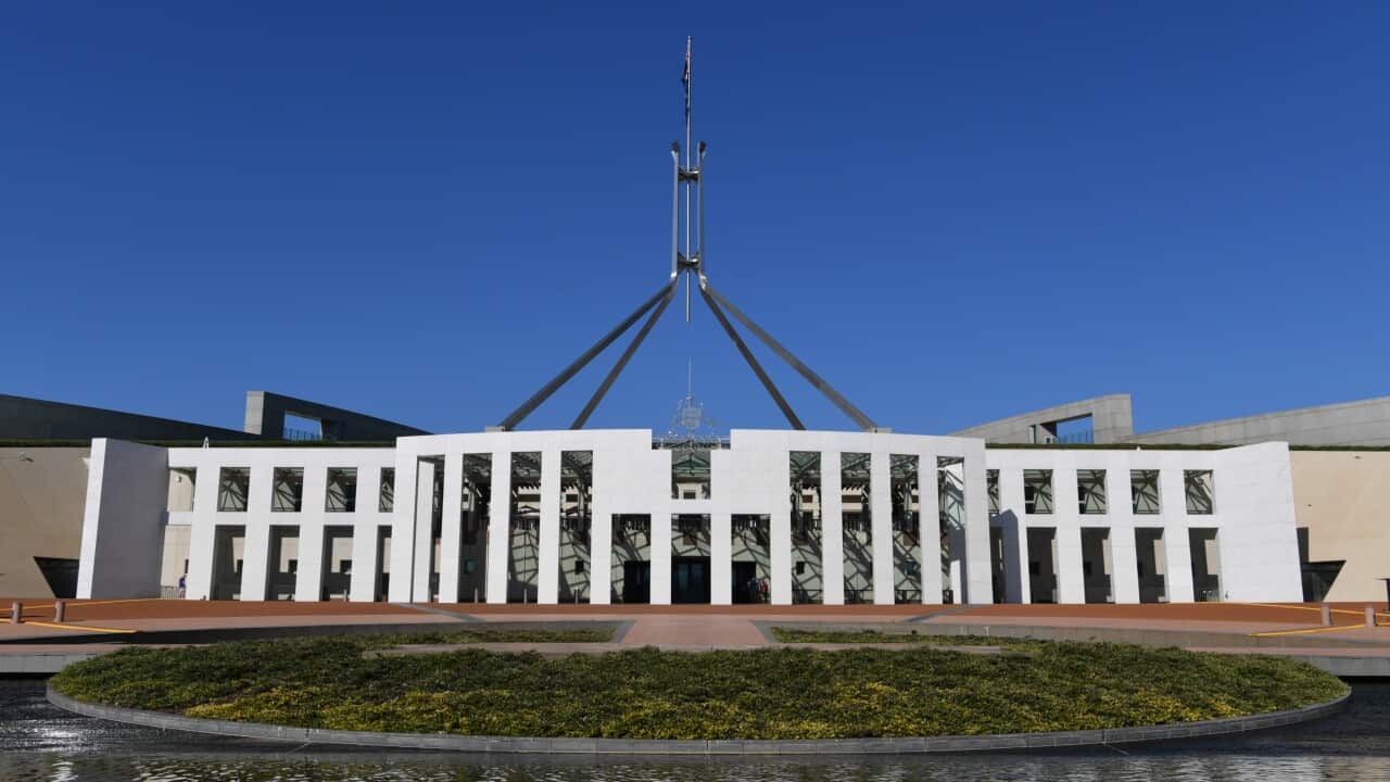 The front entrance of Parliament House in Canberra.