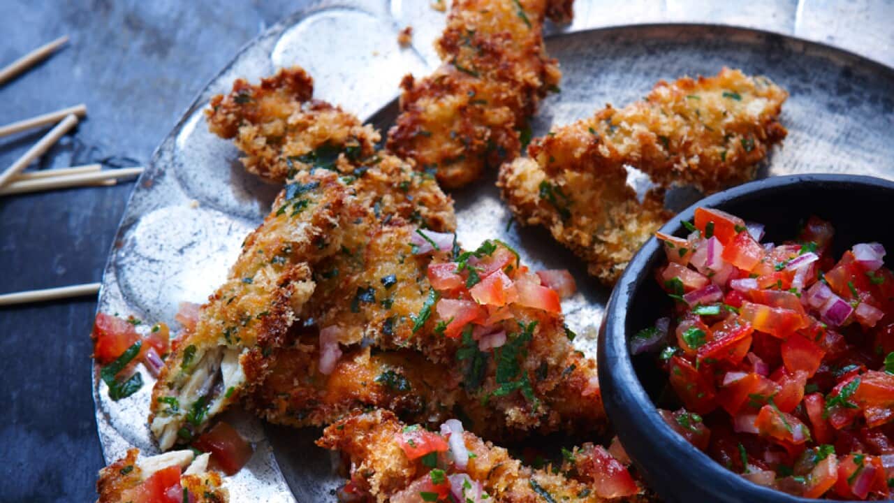 Crispy white anchovy fillets with tomato and vincotto salsa