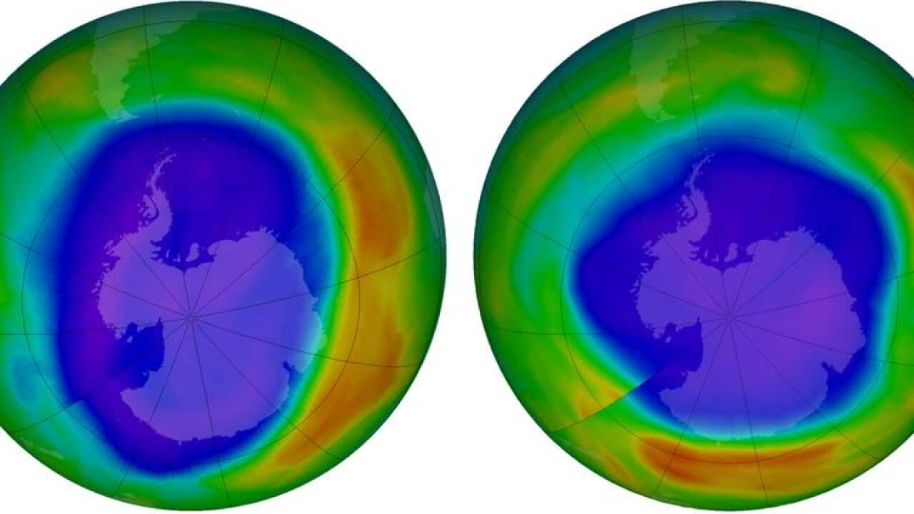 Images showing change in areas of low ozone above Antarctica