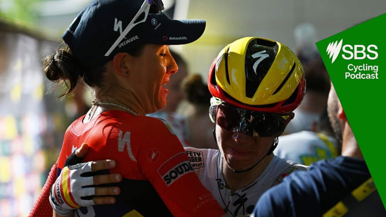 TOURNON-SUR-RHONE, FRANCE - AUGUST 06: (L-R) Stage winner Kimberley Le Court Pienaar of Mauritius and Mireia Benito Pellicer of Spain and Team AG Insurance - Soudal react after the 5th Tour de France Femmes 2026, Stage 6 a 153.4km stage from Montbrison to Tournon-sur-Rhon / #UCIWWT / on August 06, 2026 in Tournon-sur-Rhone, France. (Photo by Tim de Waele/Getty Images)