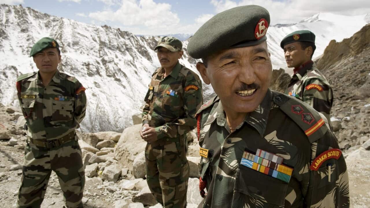 Members of the Ladakh Scouts infantry regiment at Khardung La, a mountain pass in the Ladakh Range of the Himalayas in the Jammu and Kashmir, India.