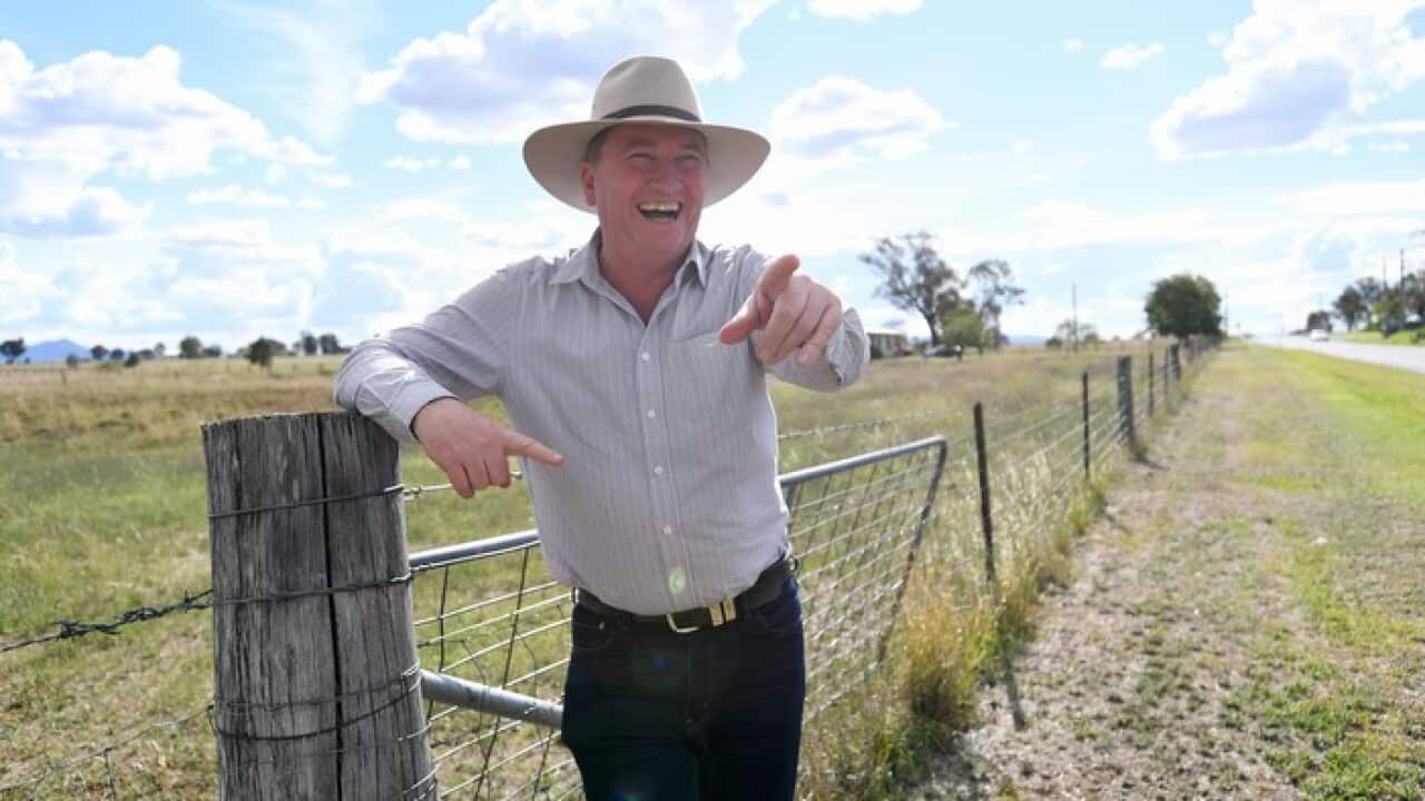 Barnaby Joyce posing for photographers at the Tamworth Aero Club in Tamworth.
