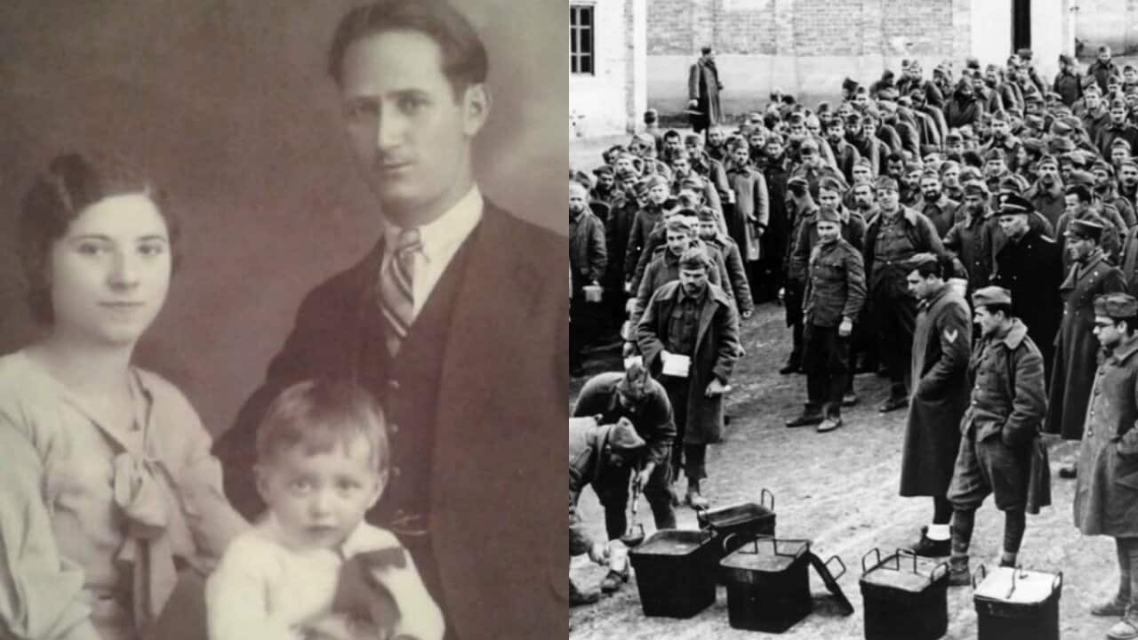 Collage of family photo and scene of captured soldiers in WWII