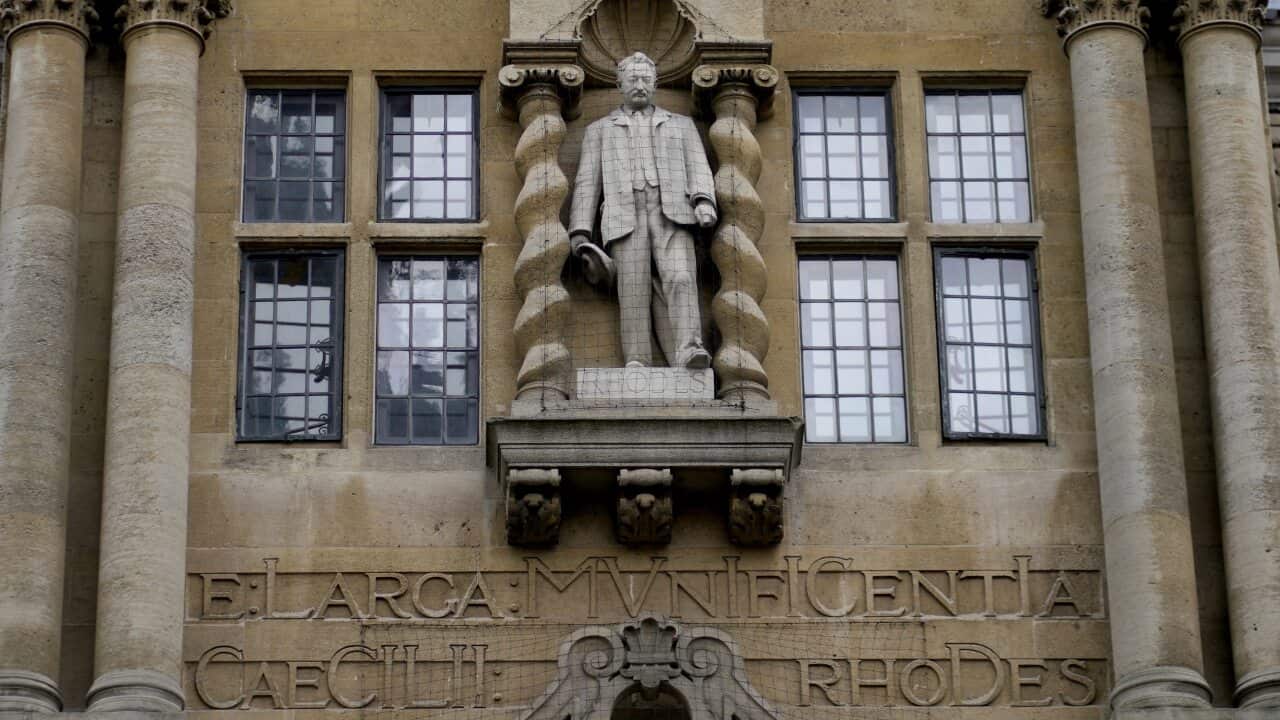 The controversial Cecil Rhodes statue on the facade of the Oriel College.