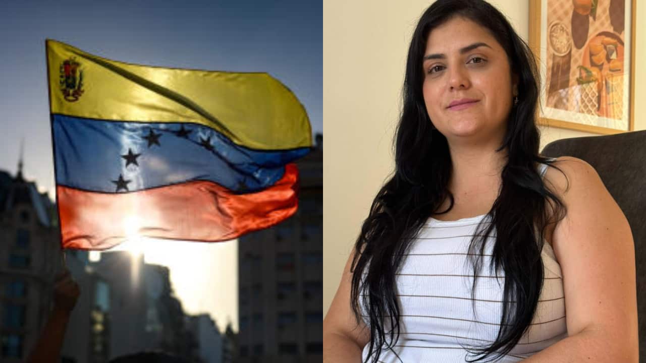 A split image of a Venezuelan flag waving on the left and a portrait of a woman wearing a white striped top seated indoors.