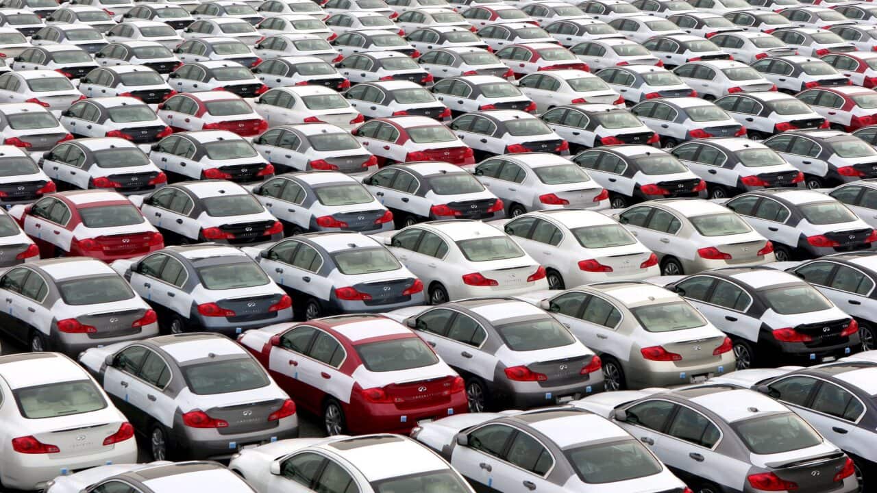 epa03657450 (FILE) A file picture dated 27 October 2006 shows hundreds of Nissan vehicles for export lining up at the Oppama Wharf, southwest of Tokyo, Japan.