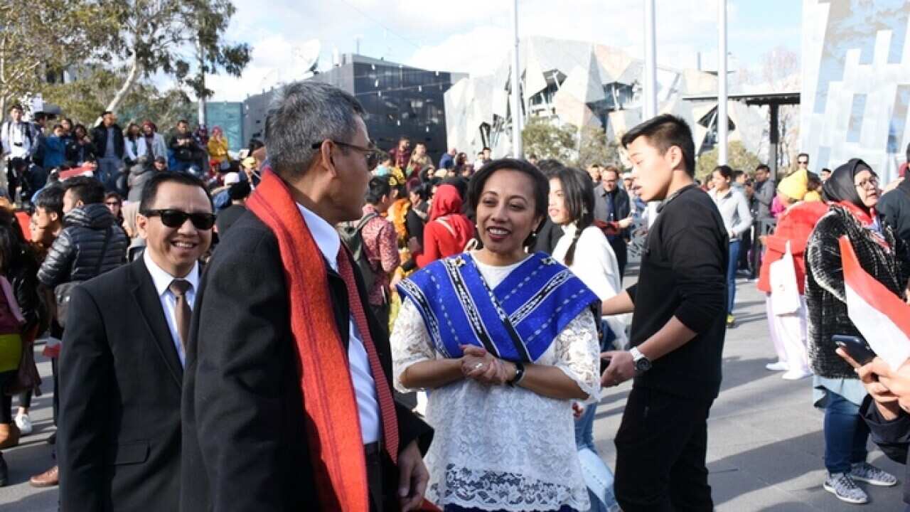 The Indonesian Consul General to Victoria and Tasmania Spica A.Tutuhatunewa at Federation Square during Indonesian Independence Day celebration 2018.