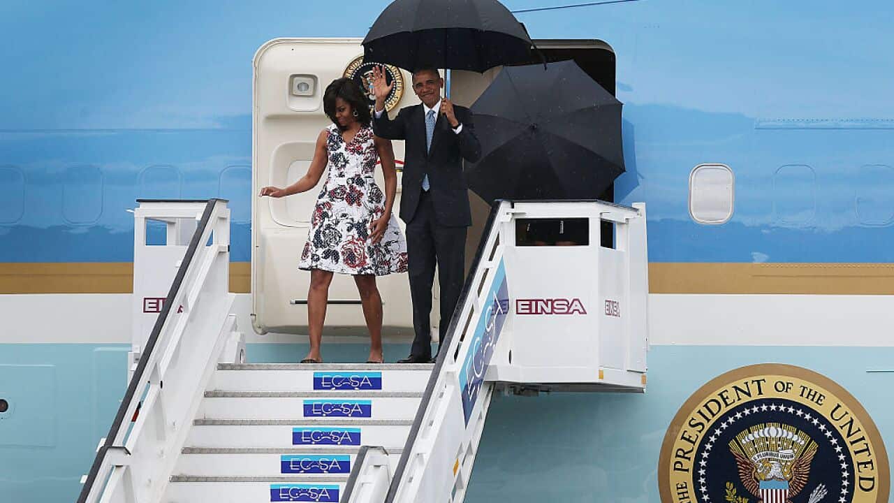 President Barack Obama is greeted at the Jose Marti International Airport for a 48-hour visit on March 20, 2016 in Havana, Cuba.